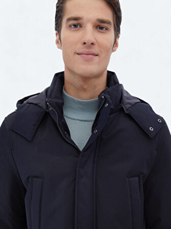 Lacivert Regular Fit Kapüşonlu Casual Dokuma Kaban
