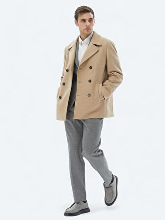 Deve Tüyü Regular Fit Kruvaze Yaka Casual Örme Kaban