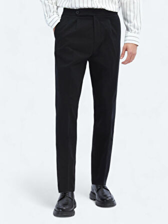 Siyah Dokuma Carrot Fit Casual Pamuk Karışımlı Pantolon
