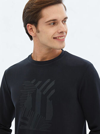 Siyah Bisiklet Yaka Baskılı Sweatshırt