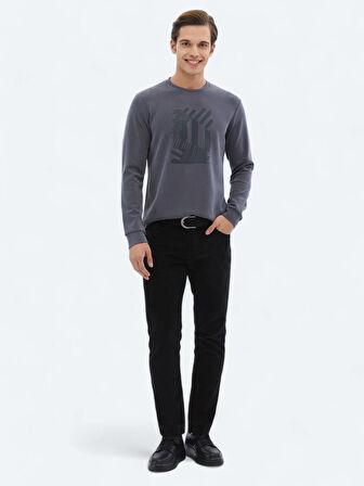 Gri Bisiklet Yaka Baskılı Sweatshırt