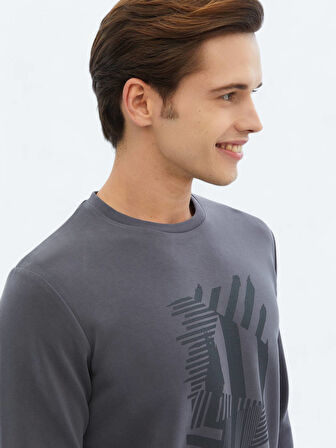 Gri Bisiklet Yaka Baskılı Sweatshırt