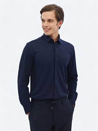 Lacivert Regular Fit Casual Pamuk Karışımlı Gömlek