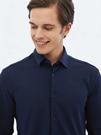 Lacivert Regular Fit Casual Pamuk Karışımlı Gömlek