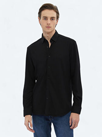 Siyah Regular Fit Casual Pamuk Karışımlı Gömlek