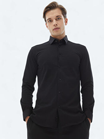 Siyah Düz Regular Fit Dokuma Casual %100 Pamuk Gömlek