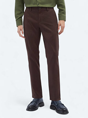 Koyu Kahve Dokuma Regular Fit Casual Pamuk Karışımlı Pantolon