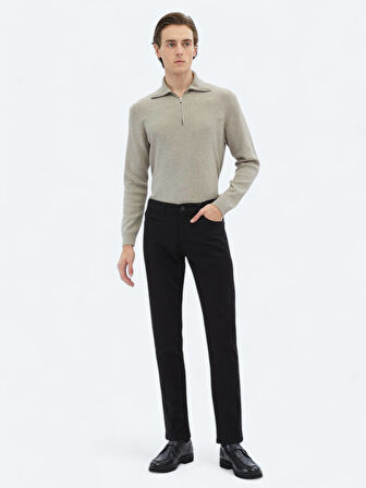 Siyah Dokuma Slim Fit Casual Pamuk Karışımlı Pantolon