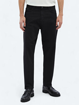 Siyah Dokuma Carrot Fit Casual Pamuk Karışımlı Pantolon