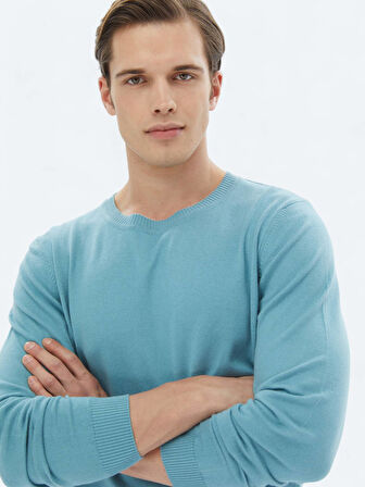 Koyu Mint Bisiklet Yaka Düz Örgü Pamuk Karışımlı Triko Kazak