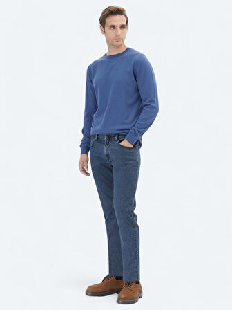 İndigo Bisiklet Yaka Düz Örgü Pamuk Karışımlı Triko Kazak