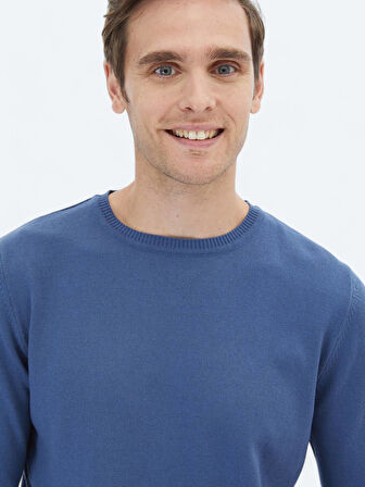 İndigo Bisiklet Yaka Düz Örgü Pamuk Karışımlı Triko Kazak