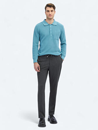 Koyu Mint Polo Yaka Selanik Pamuk Karışımlı Triko Kazak