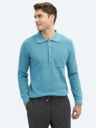 Koyu Mint Polo Yaka Selanik Pamuk Karışımlı Triko Kazak