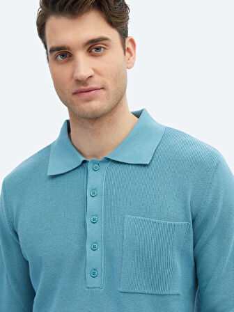 Koyu Mint Polo Yaka Selanik Pamuk Karışımlı Triko Kazak