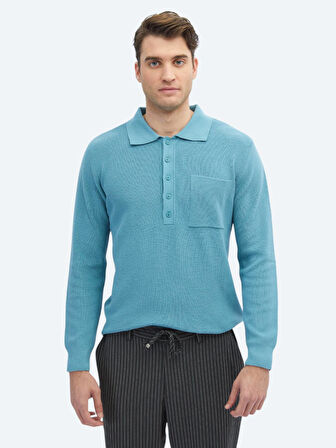 Koyu Mint Polo Yaka Selanik Pamuk Karışımlı Triko Kazak