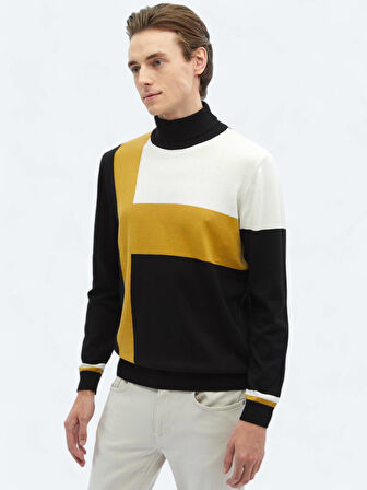 Siyah Tam Balıkçı Yaka Desenli Pamuk Karışımlı Triko Kazak