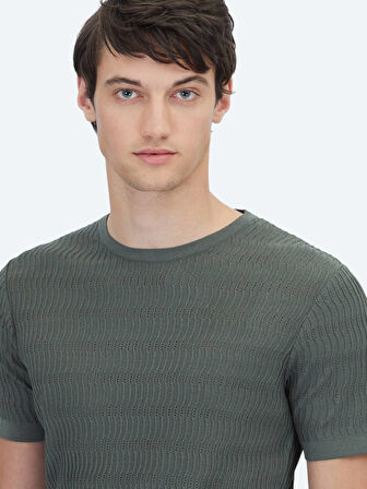 Haki Bisiklet Yaka Desenli Triko