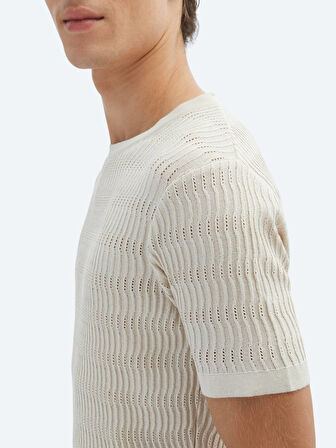 Bej Bisiklet Yaka Desenli Triko