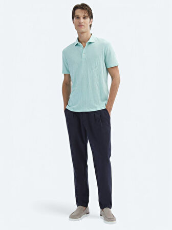 Su Yeşili Düz Polo Yaka Pamuk Karışımlı T-Shirt