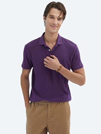 Mor Düz Polo Yaka Pamuk Karışımlı T-Shirt