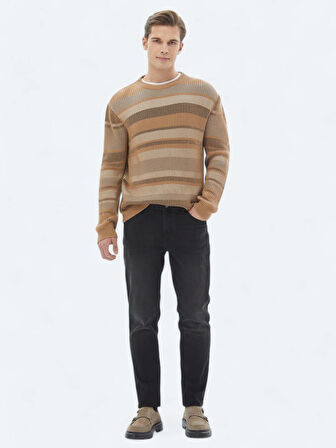 Deve Tüyü Bisiklet Yaka Desenli Pamuk Karışımlı Triko Kazak