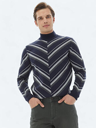 Lacivert Yarım Balıkçı Yaka Desenli Pamuk Karışımlı Triko Kazak