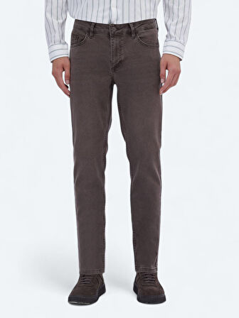 Kahverengi Düz Slim Fit Denim Pamuk Karışımlı Pantolon
