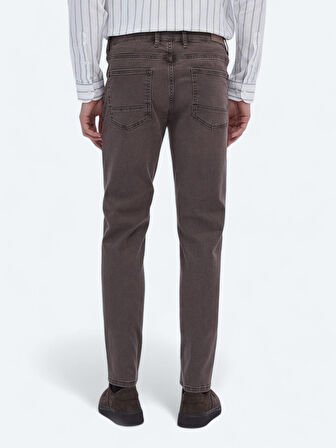 Kahverengi Düz Slim Fit Denim Pamuk Karışımlı Pantolon