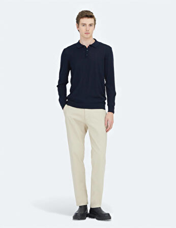 Lacivert Polo Yaka Düz Örgü Yün Karışımlı Triko Kazak