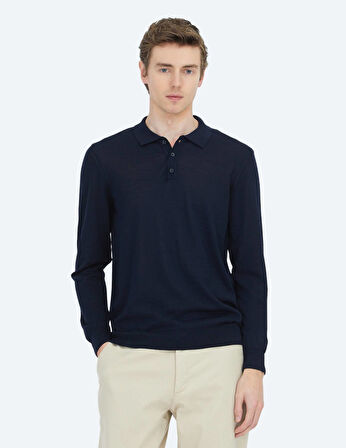 Lacivert Polo Yaka Düz Örgü Yün Karışımlı Triko Kazak