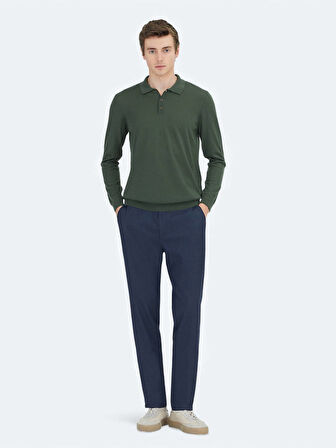 Yeşil Polo Yaka Düz Örgü Yün Karışımlı Triko Kazak