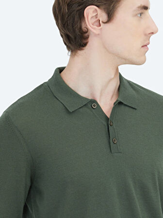 Yeşil Polo Yaka Düz Örgü Yün Karışımlı Triko Kazak