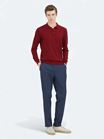 Kırmızı Polo Yaka Düz Örgü Yün Karışımlı Triko Kazak