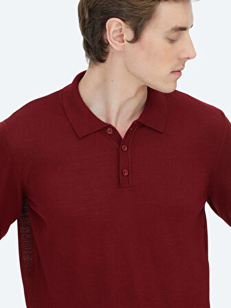 Kırmızı Polo Yaka Düz Örgü Yün Karışımlı Triko Kazak