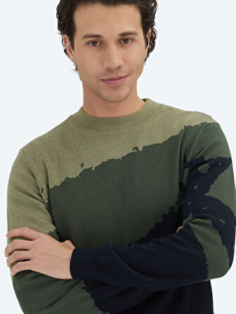 Lacivert Yarım Balıkçı Yaka Desenli Yün Karışımlı Triko Kazak