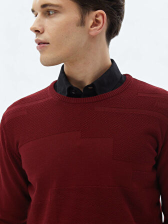 Kırmızı Bisiklet Yaka Jakarlı Yün Karışımlı Triko Kazak