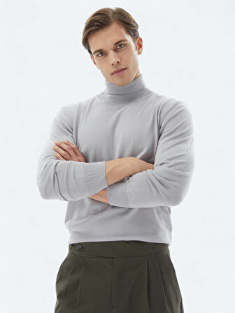 Lila Tam Balıkçı Yaka Düz Örgü Yün Karışımlı Triko Kazak