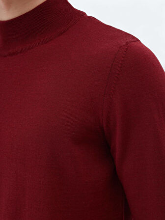 Kırmızı Yarım Balıkçı Yaka Düz Örgü Yün Karışımlı Triko Kazak