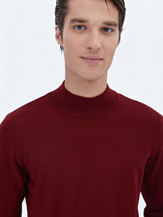 Kırmızı Yarım Balıkçı Yaka Düz Örgü Yün Karışımlı Triko Kazak