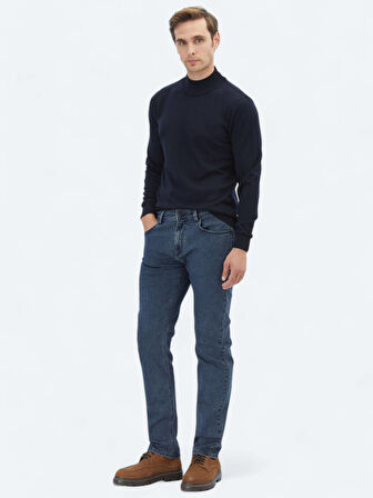 Lacivert Yarım Balıkçı Yaka Düz Örgü Yün Karışımlı Triko Kazak