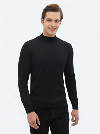 Siyah Yarım Balıkçı Yaka Düz Örgü Yün Karışımlı Triko Kazak