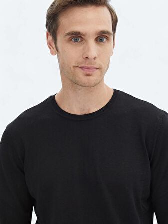 Siyah Bisiklet Yaka Düz Örgü Yün Karışımlı Triko Kazak