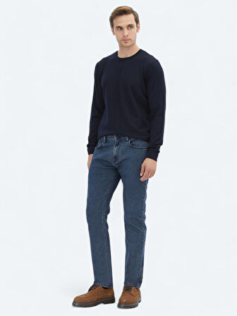 Lacivert Bisiklet Yaka Düz Örgü Yün Karışımlı Triko Kazak