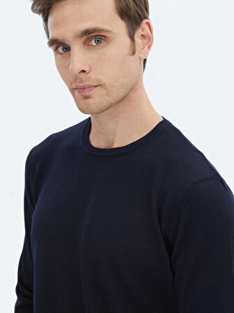 Lacivert Bisiklet Yaka Düz Örgü Yün Karışımlı Triko Kazak