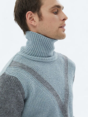 Mint Tam Balıkçı Yaka Desenli Yün Karışımlı Triko Kazak