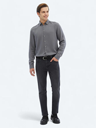 Gri Fitilli Regular Fit Dokuma Casual Gömlek
