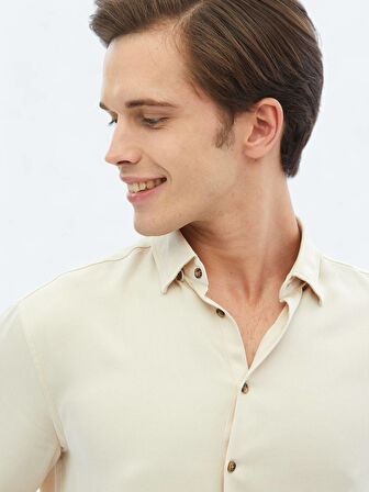 Ekru Fitilli Regular Fit Dokuma Casual Gömlek