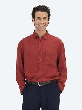 Kırmızı Fitilli Oversize Fit Dokuma Casual Gömlek