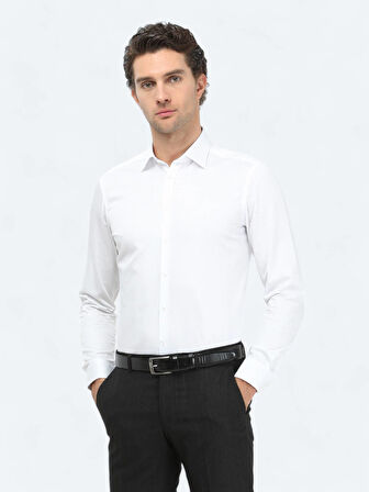 Beyaz Düz Slim Fit Dokuma Klasik %100 Pamuk Gömlek